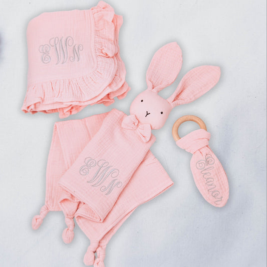 Personalized Bunny Lovey, Blanket & Teether Gift Set