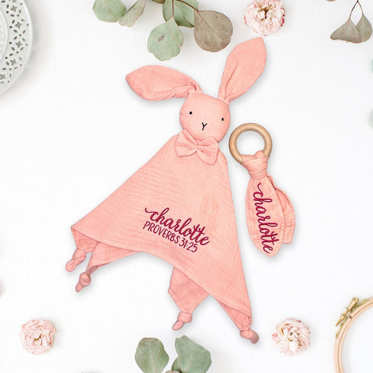 Personalized Christian Baby Lovey Gift Set: Bunny Teether, Scripture
