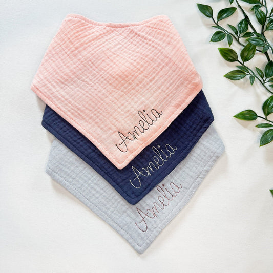 Personalized Baby Bandana Bib Set of 3 – Custom Name or Monogram, Organic Muslin Dribble Bibs, Baby Shower Gift