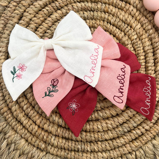 SET OF 3 Personalized Bow with Name Linen Hair Bow Embroidered Hair Clip for Girls with Flowers Custom Name Bow Monogrammed Hair Bow