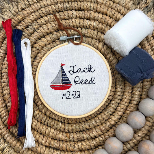 Baby Birth Announcement Sign with Sail Boat Custom Name Hoop Personalized Embroidery Hoop Nursery Decor Baby Boy Boat Announcement Name Sign