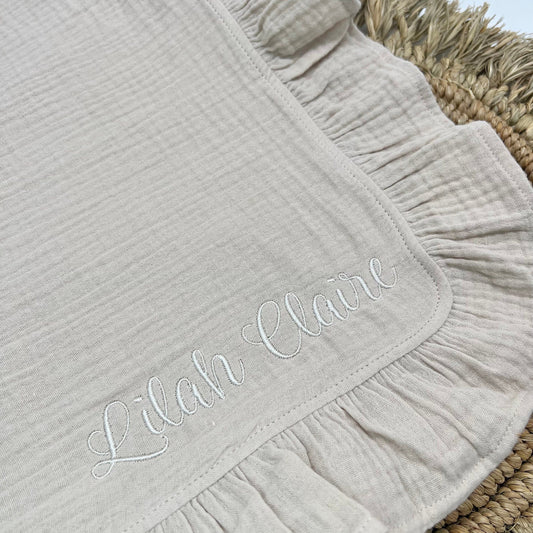 Minimalist Organic Baby Blanket — Custom Embroidered Name, Muslin Cotton