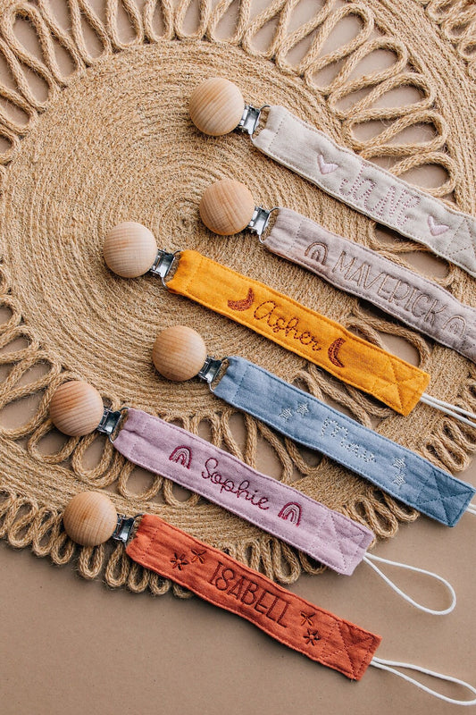 Personalized Baby Shower Gift Pacifier Clip with Name Custom Pacifier Holder Embroidered Paci Clip Binky Clip Boho Baby Neutral Baby Gift