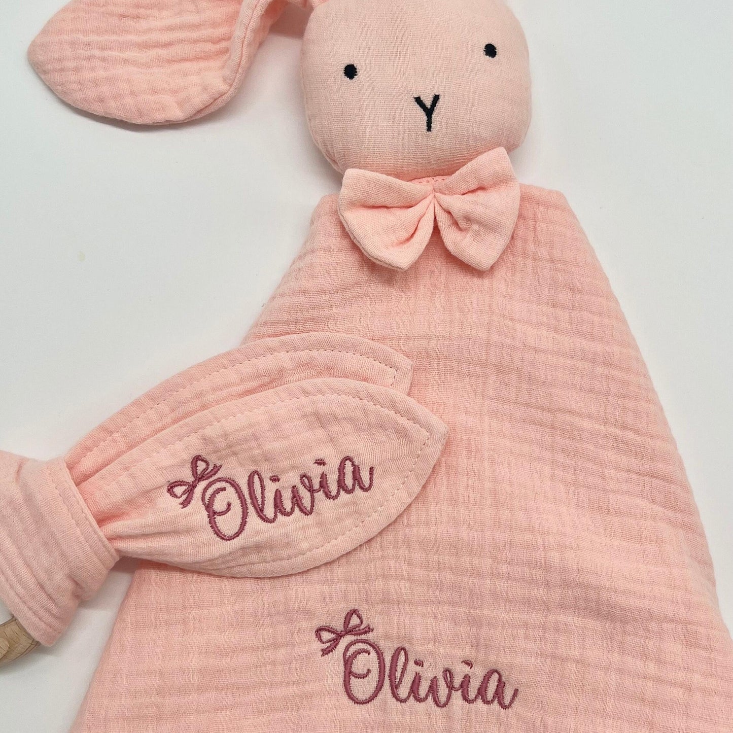 Personalized Baby Lovey with Coquette Bow - Organic Muslin Security Blanket - Custom Embroidered Baby Shower Gift Grand Millennial Baby Gift