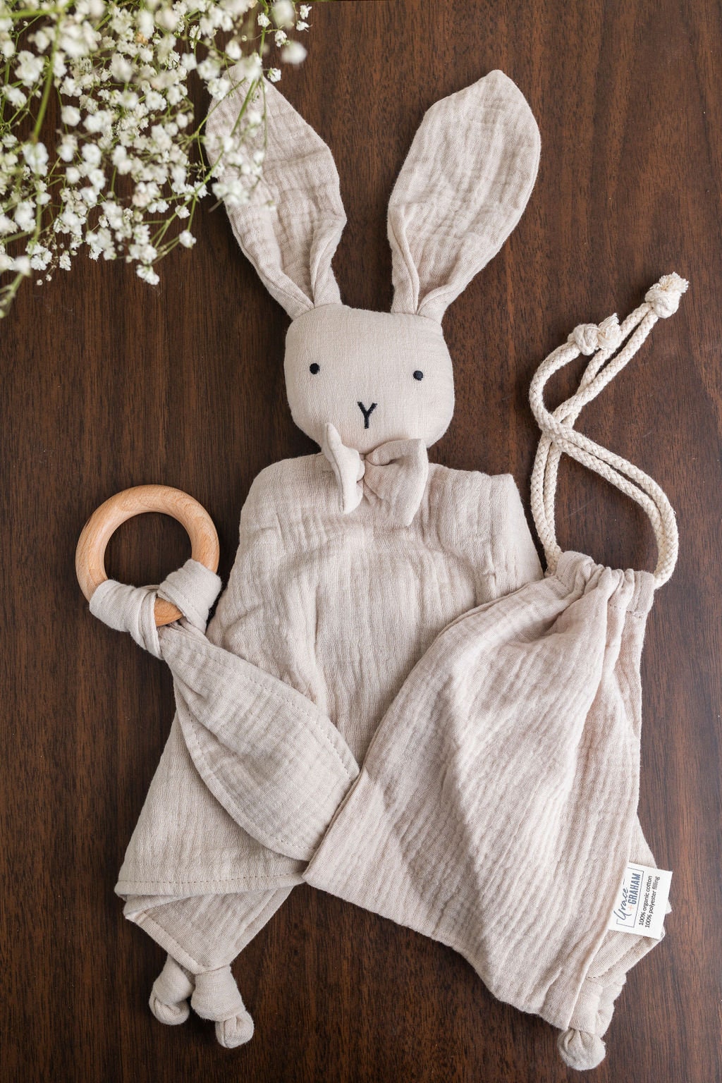 Personalized Baby Shower Gift Embroidered Organic Muslin Cotton Bunny Lovey Teething Ring Gift Set EcoFriendly Baby Toy Personalized Lovey