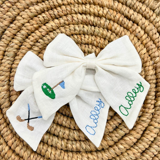 Personalized Linen Golf Hair Bow: Embroidered Name, Golf Tournament Clip
