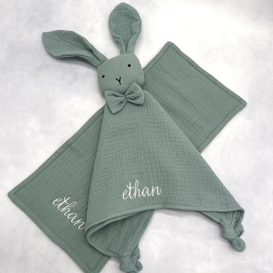 Personalized Baby Shower Gift Embroidered Organic Muslin Cotton Bunny Lovey & Burp Cloth Gift Set Baby Toy Personalized Lovey