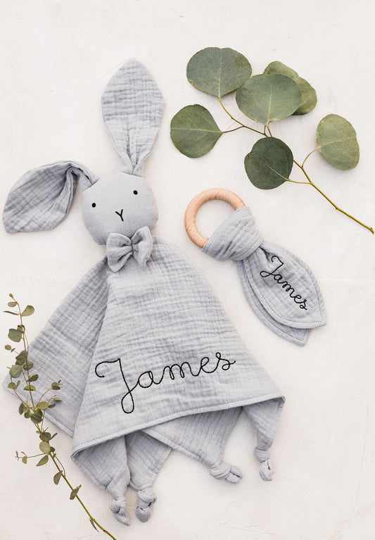 Personalized Baby Gift Embroidered Organic Cotton Muslin Lovey for Baby Gift Set Baby Girl Gift Montessori Baby Gift Bunny Lovey Baby Lovey