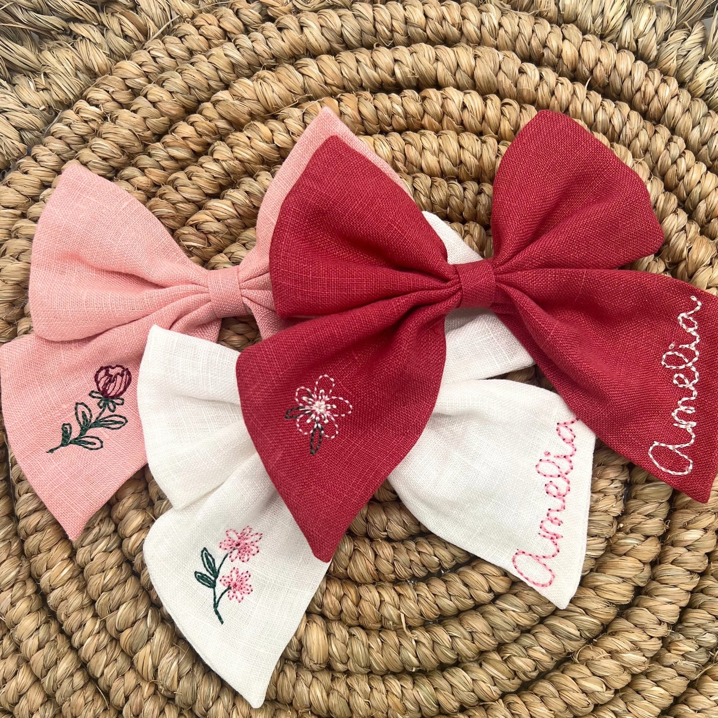Personalized Bow with Name Linen Hair Bow Embroidered Hair Clip for Girls with Flowers Custom Name Bow Monogrammed Hair Bow Girls Hair Bow