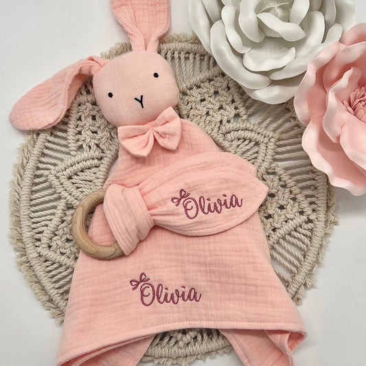 Personalized Baby Lovey with Coquette Bow - Organic Muslin Security Blanket - Custom Embroidered Baby Shower Gift Grand Millennial Baby Gift