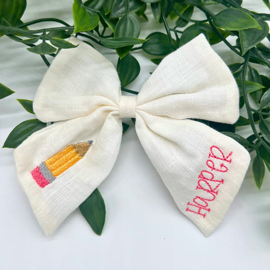 School Personalized Bow with Name Linen Hair Bow School Hair Bow Custom Name Bow Pencil Monogrammed Hair Bow Girls Hair Bow Pre-School