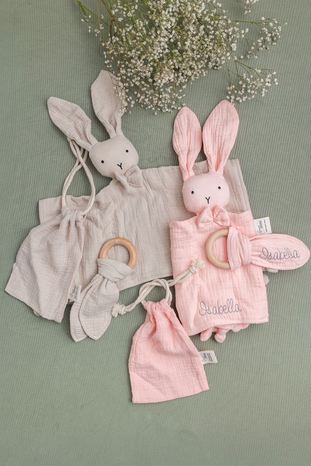 Personalized Baby Shower Gift Embroidered Organic Muslin Cotton Bunny Lovey Teething Ring Gift Set EcoFriendly Baby Toy Personalized Lovey