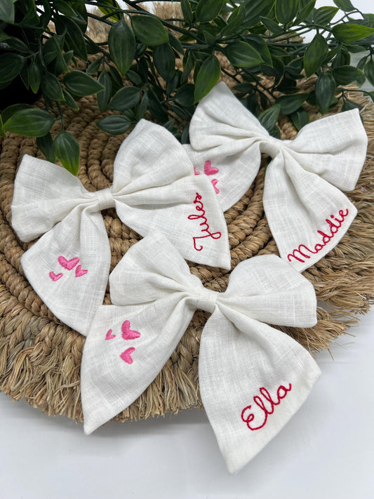 Valentines Bow Personalized Hair Bow with Name Linen Hair Bow Embroidered Valentines Bow Custom Name Personalized Hair Bow with Hearts