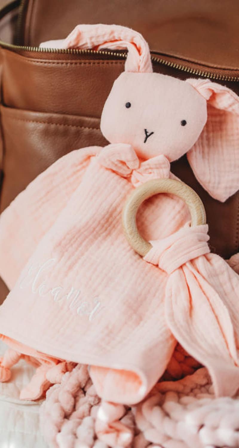 Personalized Baby Gift Embroidered Organic Cotton Muslin Lovey for Baby Gift Set Baby Girl Gift Montessori Baby Gift Bunny Lovey Baby Lovey