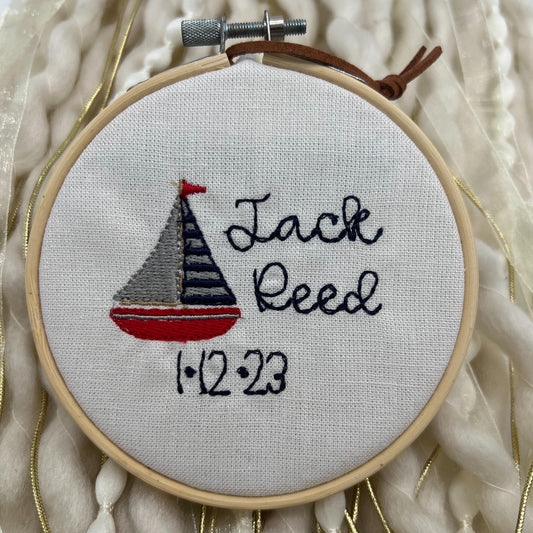Baby Birth Announcement Sign with Sail Boat Custom Name Hoop Personalized Embroidery Hoop Nursery Decor Baby Boy Boat Announcement Name Sign