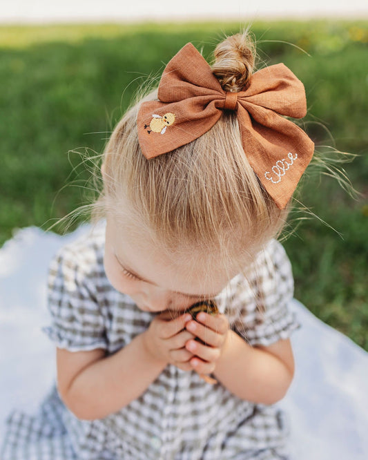 Personalized Linen Hair Bow: Embroidered Baby Chick Bow with Name