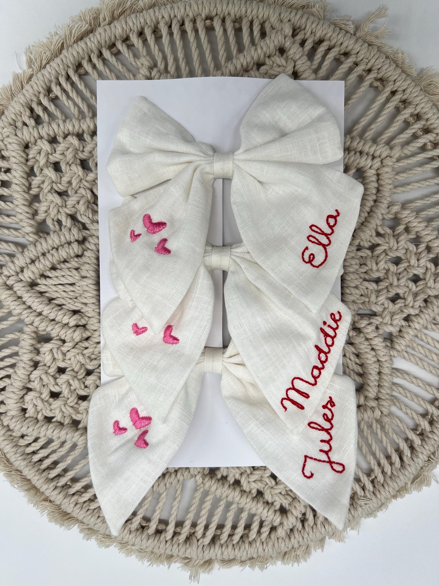 Valentines Bow Personalized Hair Bow with Name Linen Hair Bow Embroidered Valentines Bow Custom Name Personalized Hair Bow with Hearts