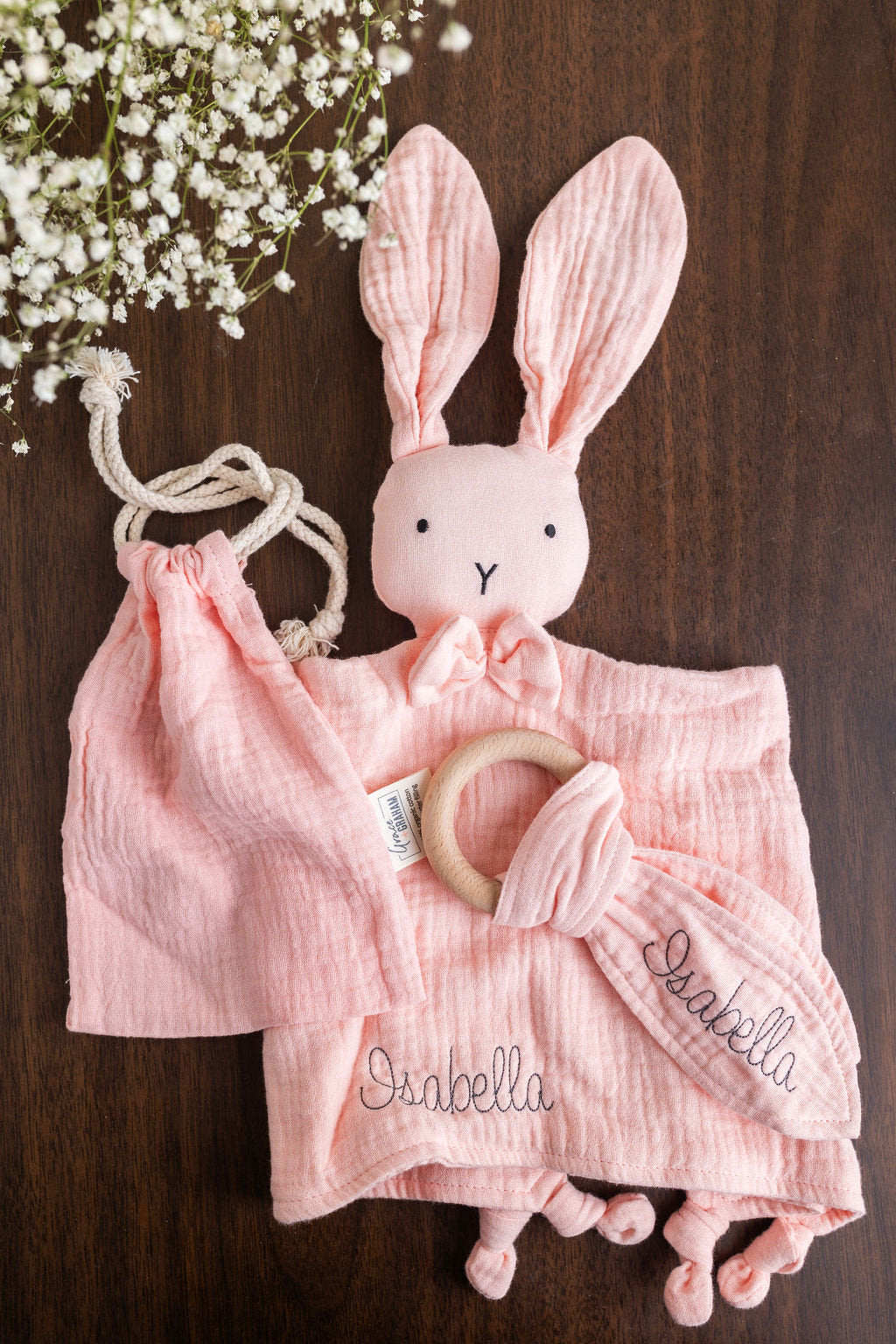 Personalized Baby Gift Embroidered Organic Cotton Muslin Lovey for Baby Gift Set Baby Girl Gift Montessori Baby Gift Bunny Lovey Baby Lovey