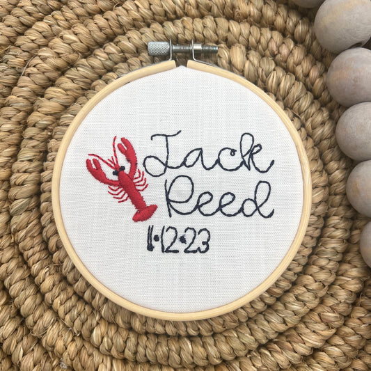 Baby Birth Announcement Sign with Lobster Crawfish Custom Name Personalized Embroidery Hoop Nursery Decor Baby Boy Announcement Name Sign