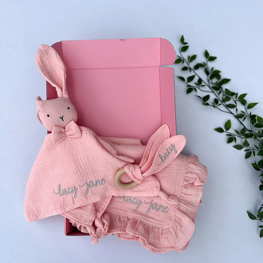 Personalized Organic Muslin Cotton Baby Blanket, Lovey & Teether Set