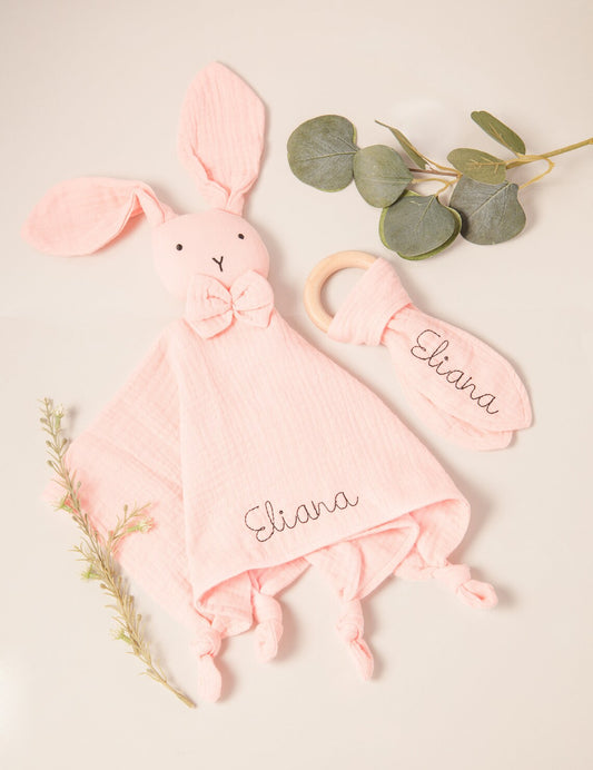 Personalized Organic Muslin Cotton Bunny & Teething Ring Gift Set