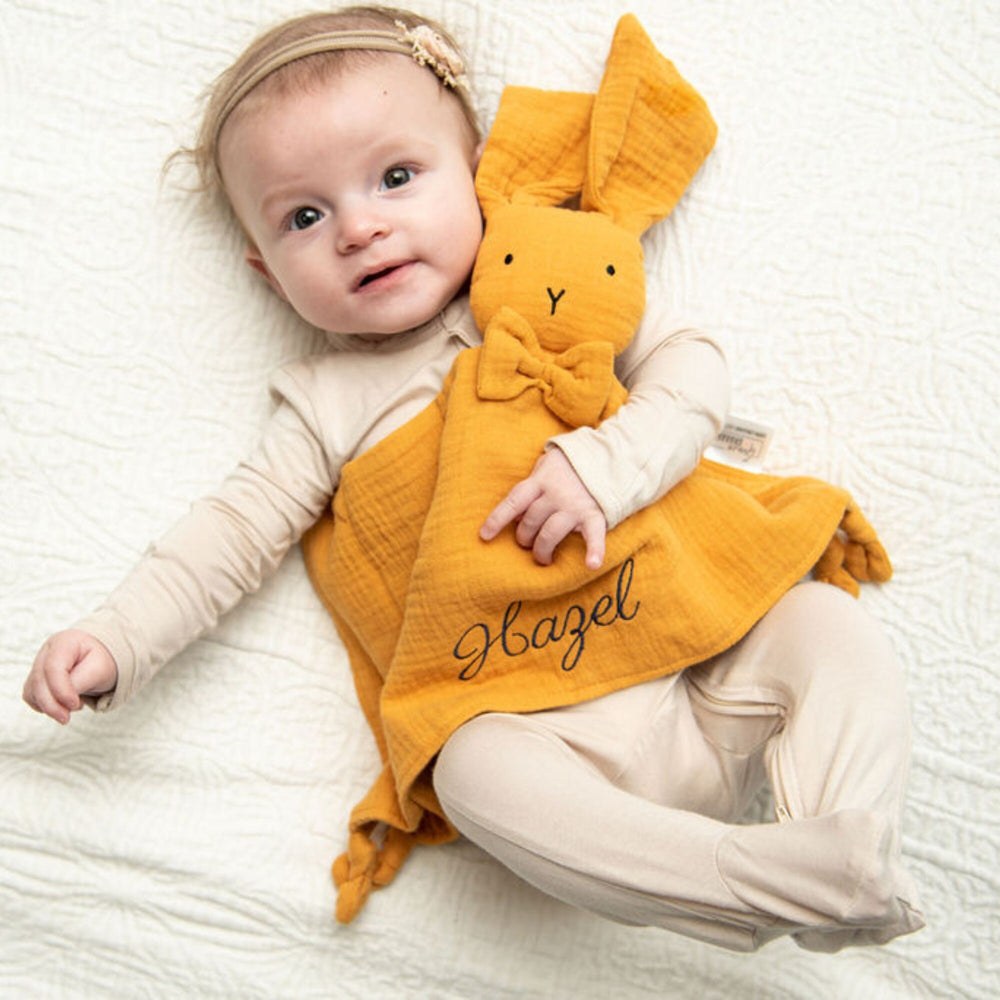 Soft muslin bunny lovey personalized with a baby's name