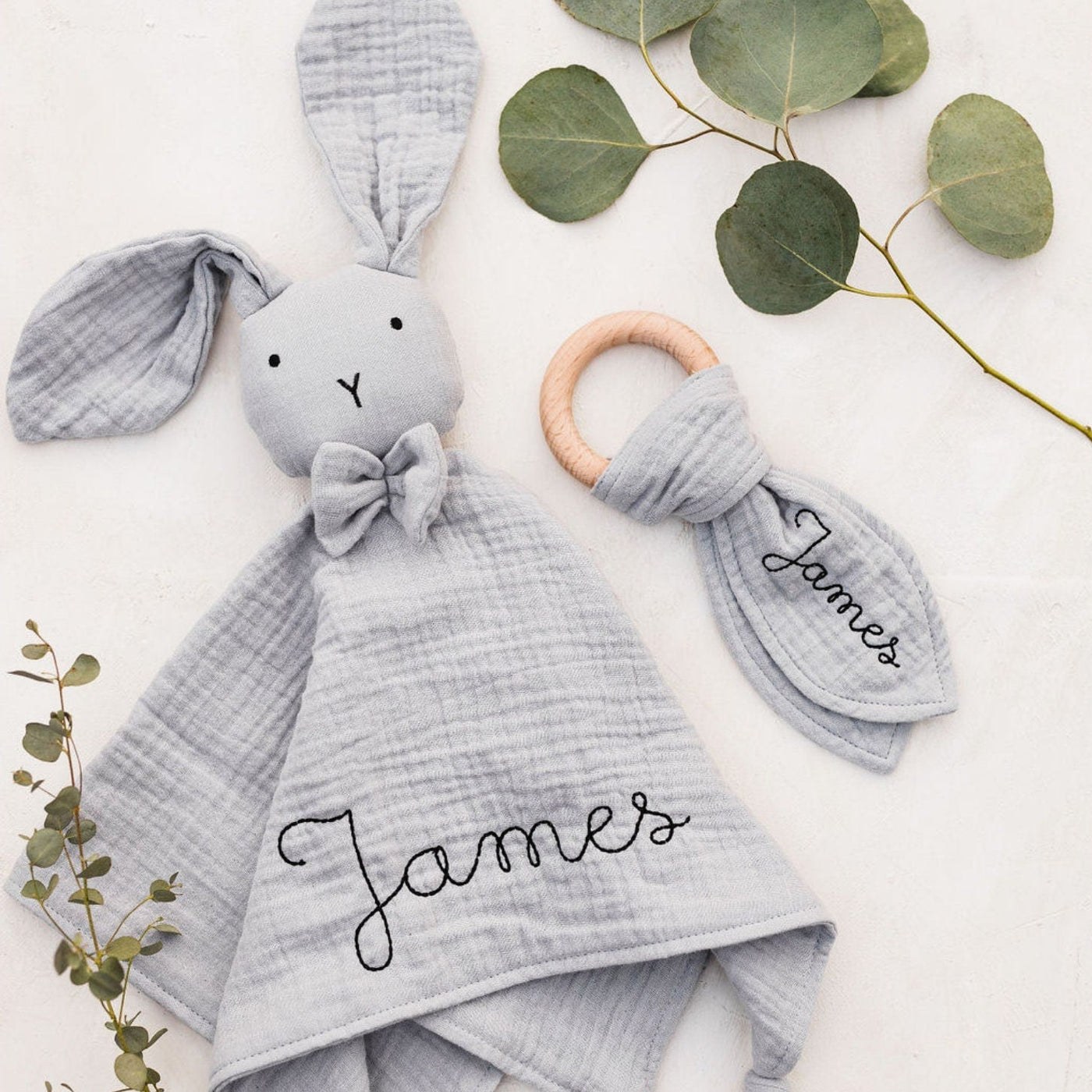 Personalized bunny lovey with embroidered name and wooden teething ring