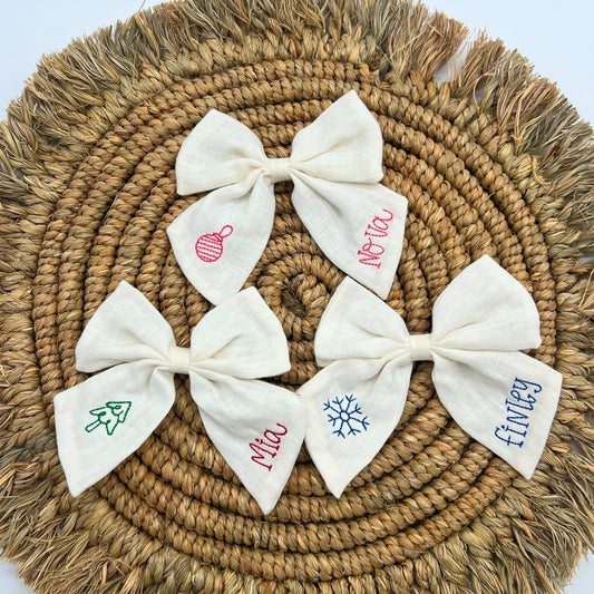 Christmas Hair Bow Personalized Christmas Bow for Girls Custom Bow with Name Winter Hair Bow Embroidered Bow for Christmas with Name