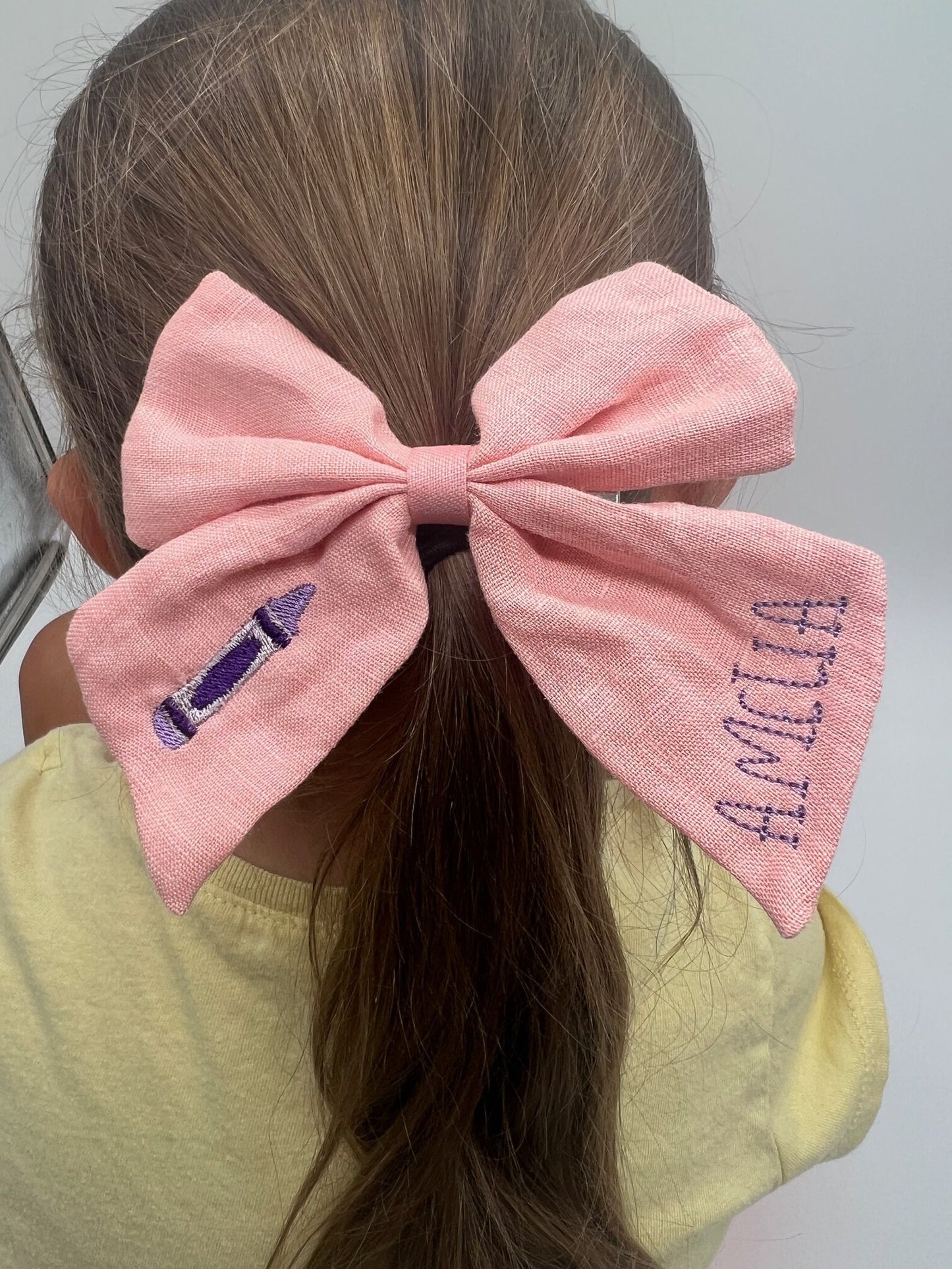 100th Day of School Personalized Bow with Name Linen Hair Bow School Hair Bow Custom Name Bow Pencil Crayon Monogrammed Hair Bow Girls