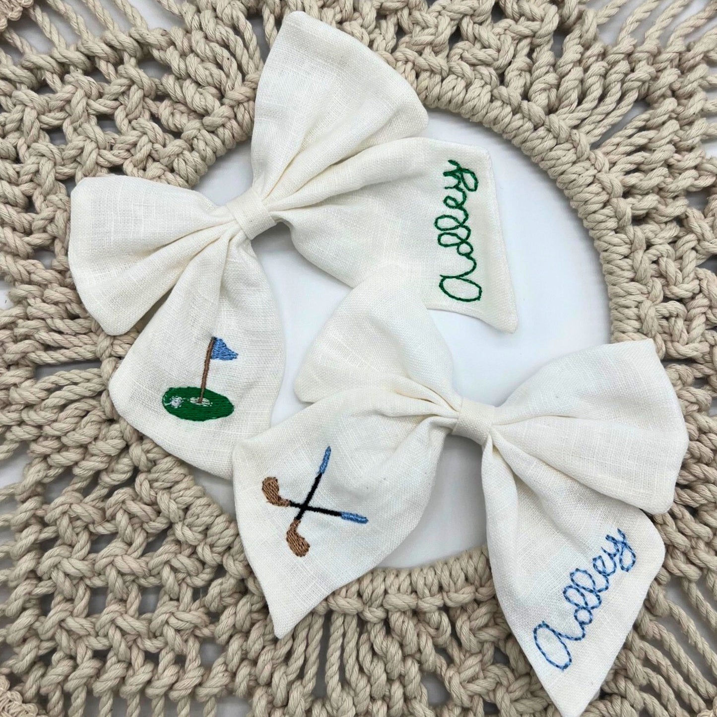 Monogrammed Golf Hair Bow for Girls Custom Personalized Bow with Name Linen Hair Bow Embroidered Golf Clip Custom Name Bow Hair Bow