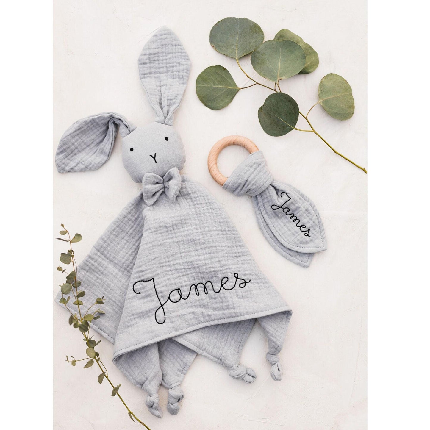 Personalized Baby Shower Gift Embroidered Organic Muslin Cotton Bunny Lovey & Burp Cloth Gift Set Baby Toy Personalized Lovey