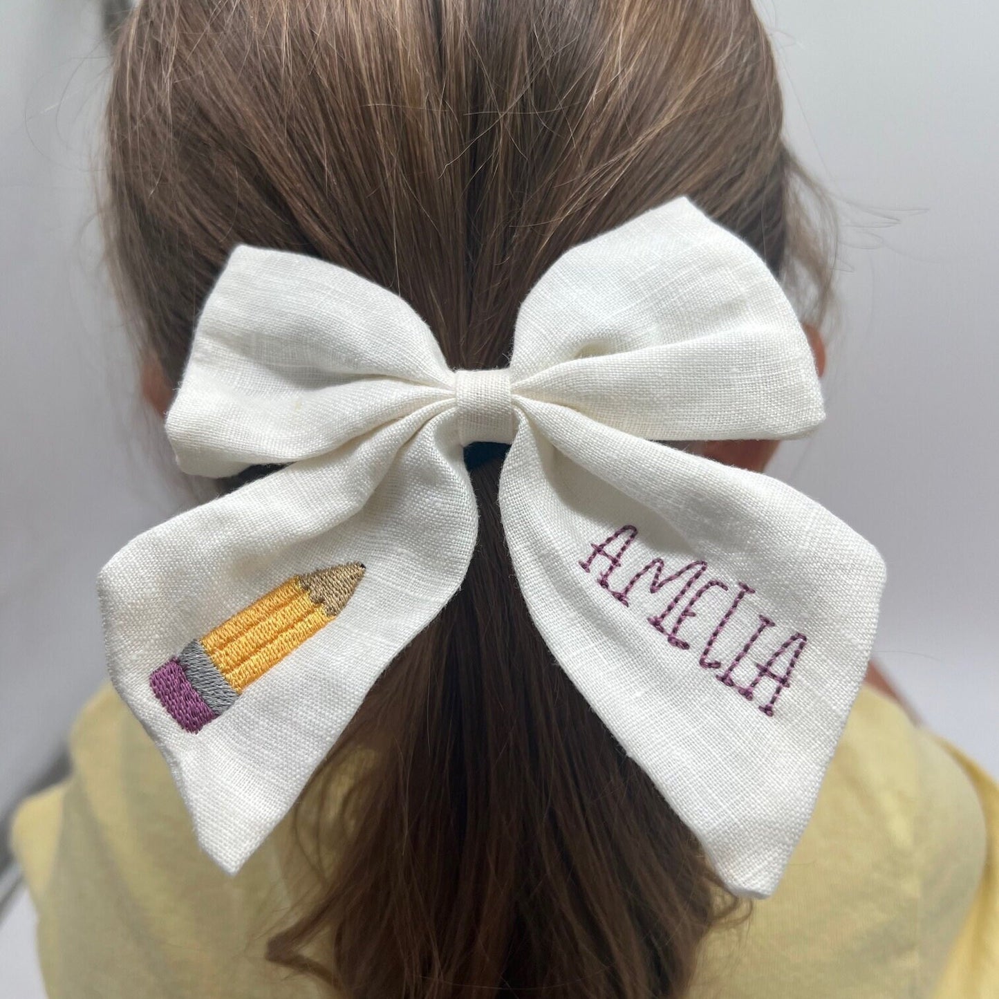 Back To School Personalized Bow with Name Linen Hair Bow School Hair Bow Custom Name Bow Pencil Crayon Monogrammed Hair Bow Girls Hair Bow