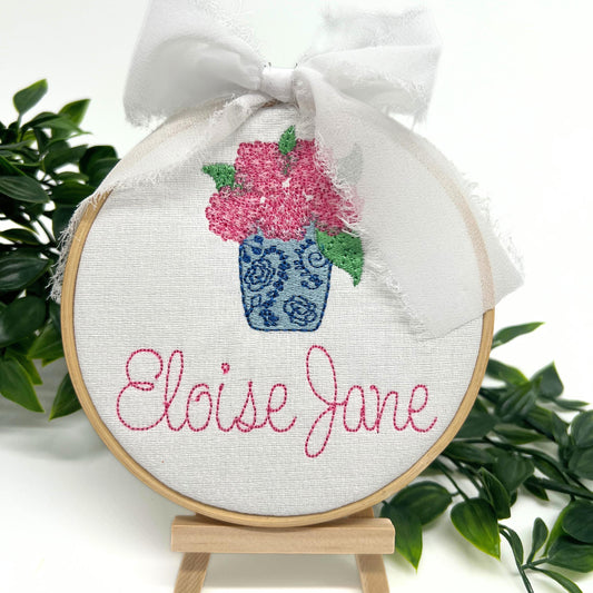 Chinoiserie Baby Birth Announcement Sign with Hydrangeas