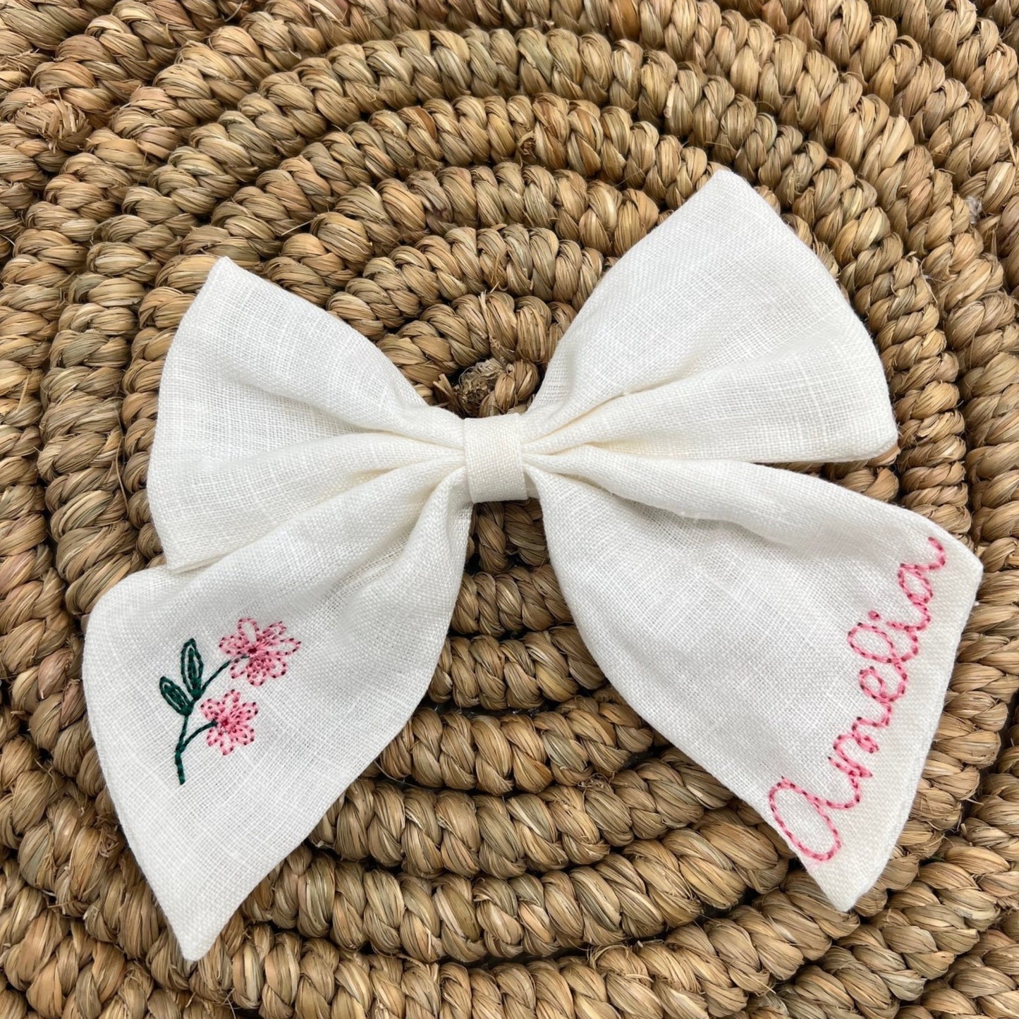 SET OF 3 Personalized Bow with Name Linen Hair Bow Embroidered Hair Clip for Girls with Flowers Custom Name Bow Monogrammed Hair Bow