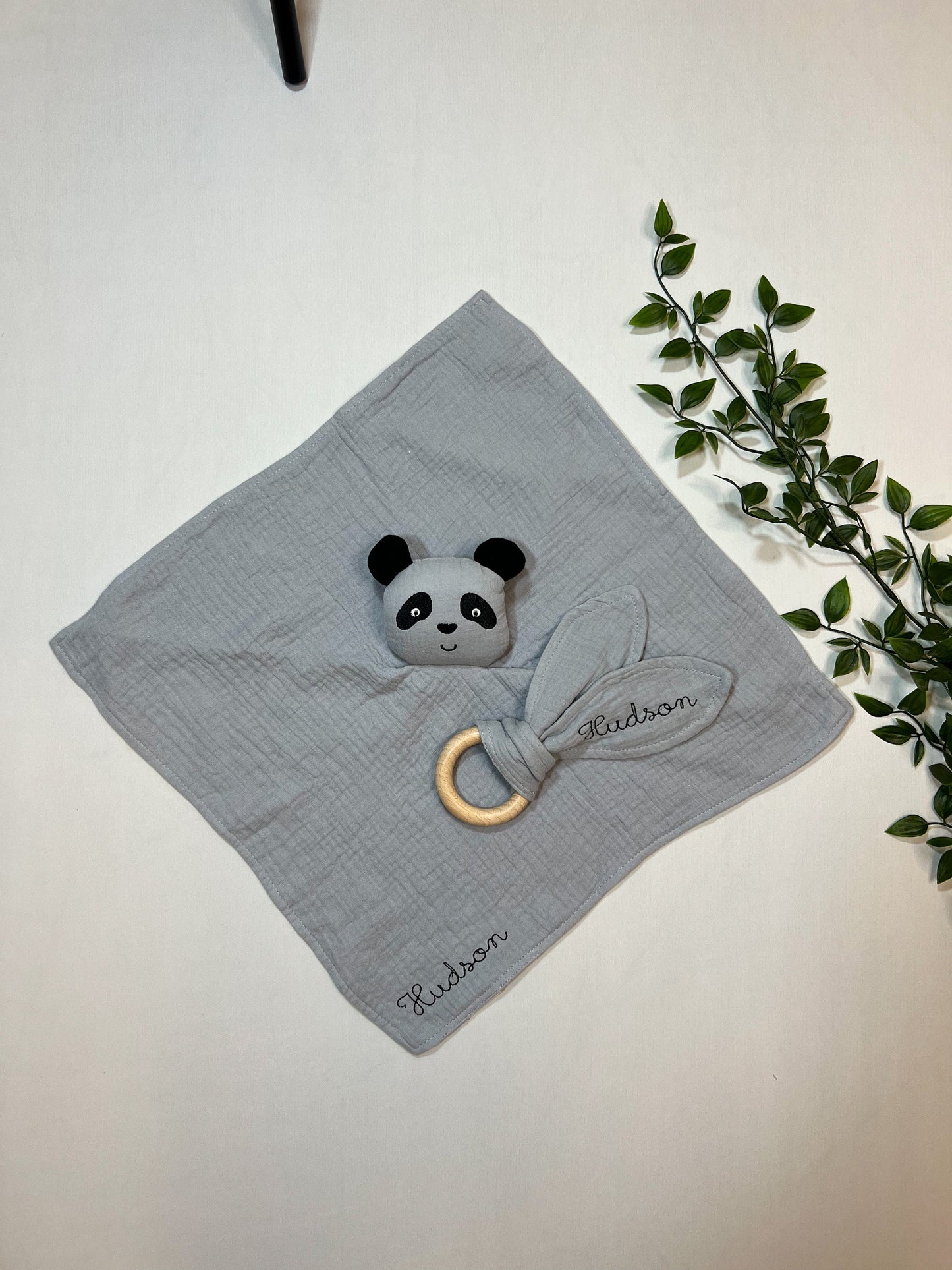 Personalized Panda Bear Lovey Teething Ring Set Custom Baby Shower Gift Embroidered Organic Cotton Lovey Panda Nursery Decor Baby Boy Gift