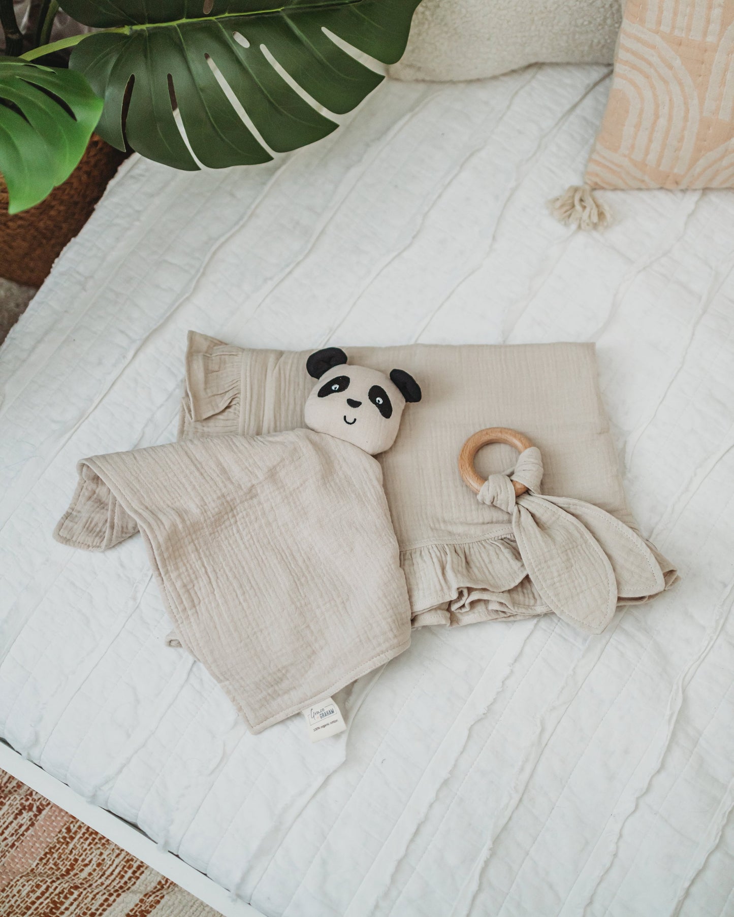 Personalized Panda Bear Lovey Teething Ring Set Custom Baby Shower Gift Embroidered Organic Cotton Lovey Panda Nursery Decor Baby Boy Gift