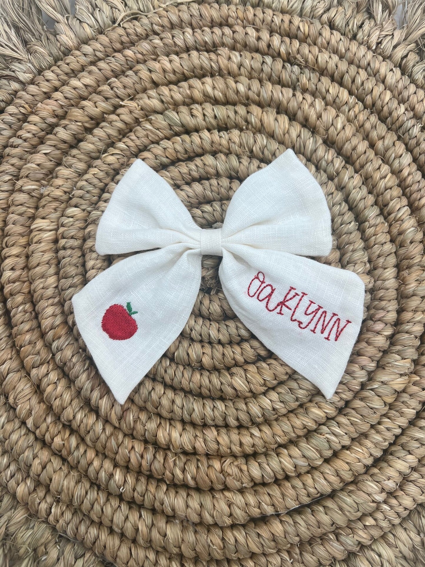 Personalized School Bow with Apple Bow with Name Linen Hair Bow School Hair Bow Custom Name Monogrammed Bow Girls Hair Bow School Uniform