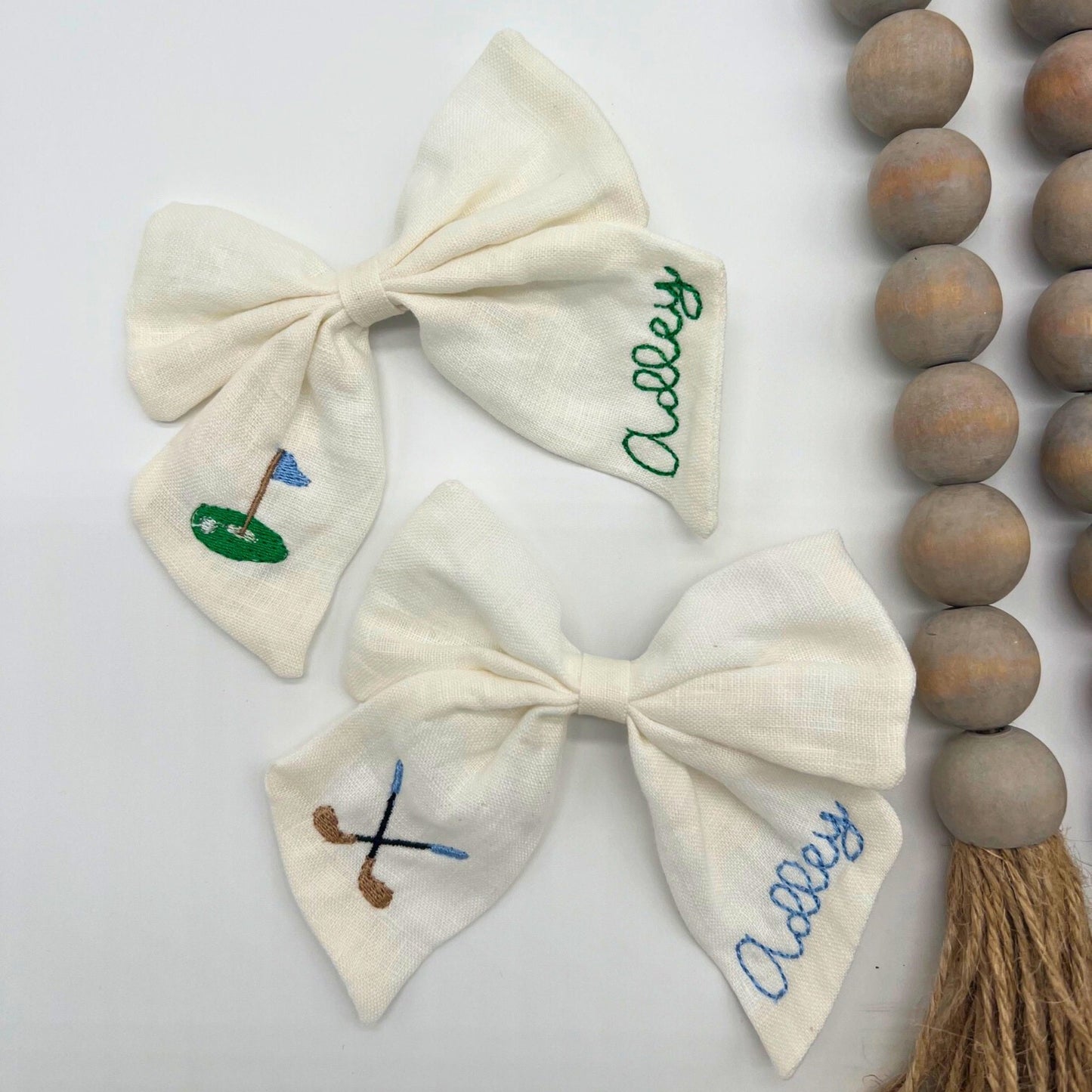 Personalized Linen Golf Hair Bow: Embroidered Name, Golf Tournament Clip