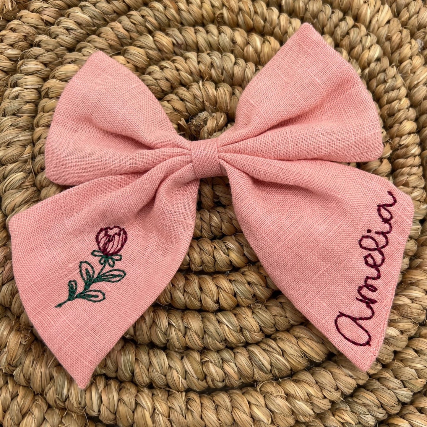 Personalized Bow with Name Linen Hair Bow Embroidered Hair Clip for Girls with Flowers Custom Name Bow Monogrammed Hair Bow Girls Hair Bow