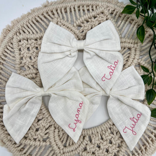 Personalized Bow with Name Linen Hair Bow Embroidered Hair Clip for Girls Clip for School Bow with Custom Name Bow Girls Hair Bow