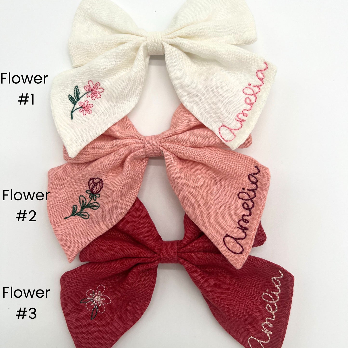 SET OF 3 Personalized Bow with Name Linen Hair Bow Embroidered Hair Clip for Girls with Flowers Custom Name Bow Monogrammed Hair Bow