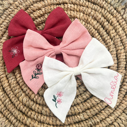 Personalized Bow with Name Linen Hair Bow Embroidered Hair Clip for Girls with Flowers Custom Name Bow Monogrammed Hair Bow Girls Hair Bow