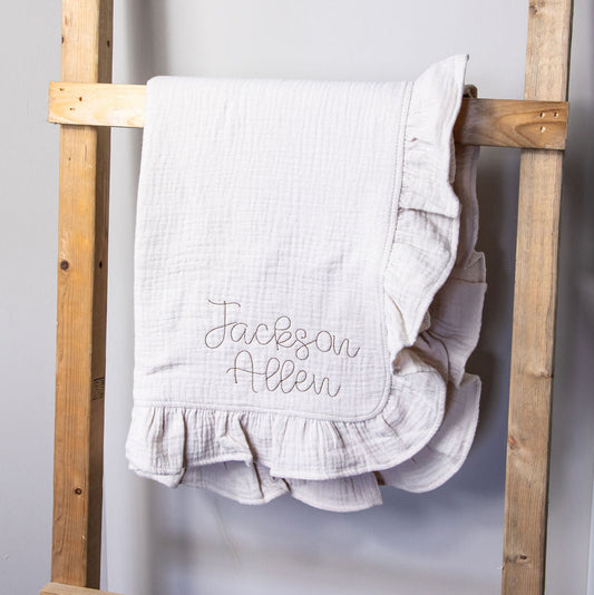 Minimalist Organic Baby Blanket — Custom Embroidered Name, Muslin Cotton