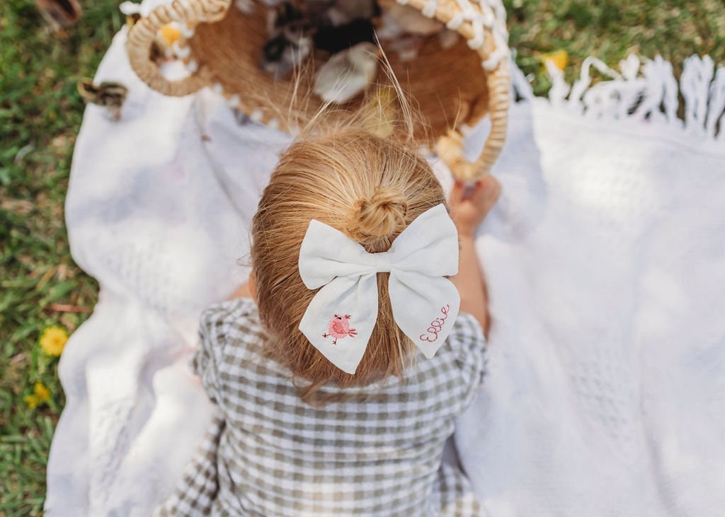 Personalized Linen Hair Bow: Embroidered Baby Chick Bow with Name