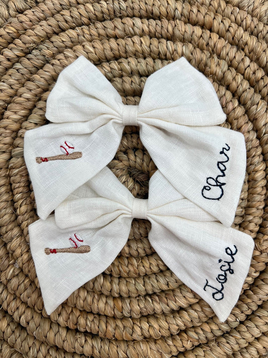 Baseball Hair Bow Personalized Bow with Name Linen Hair Bow Embroidered Baseball Sister Bow Sports Bow for Girls Matching Bows