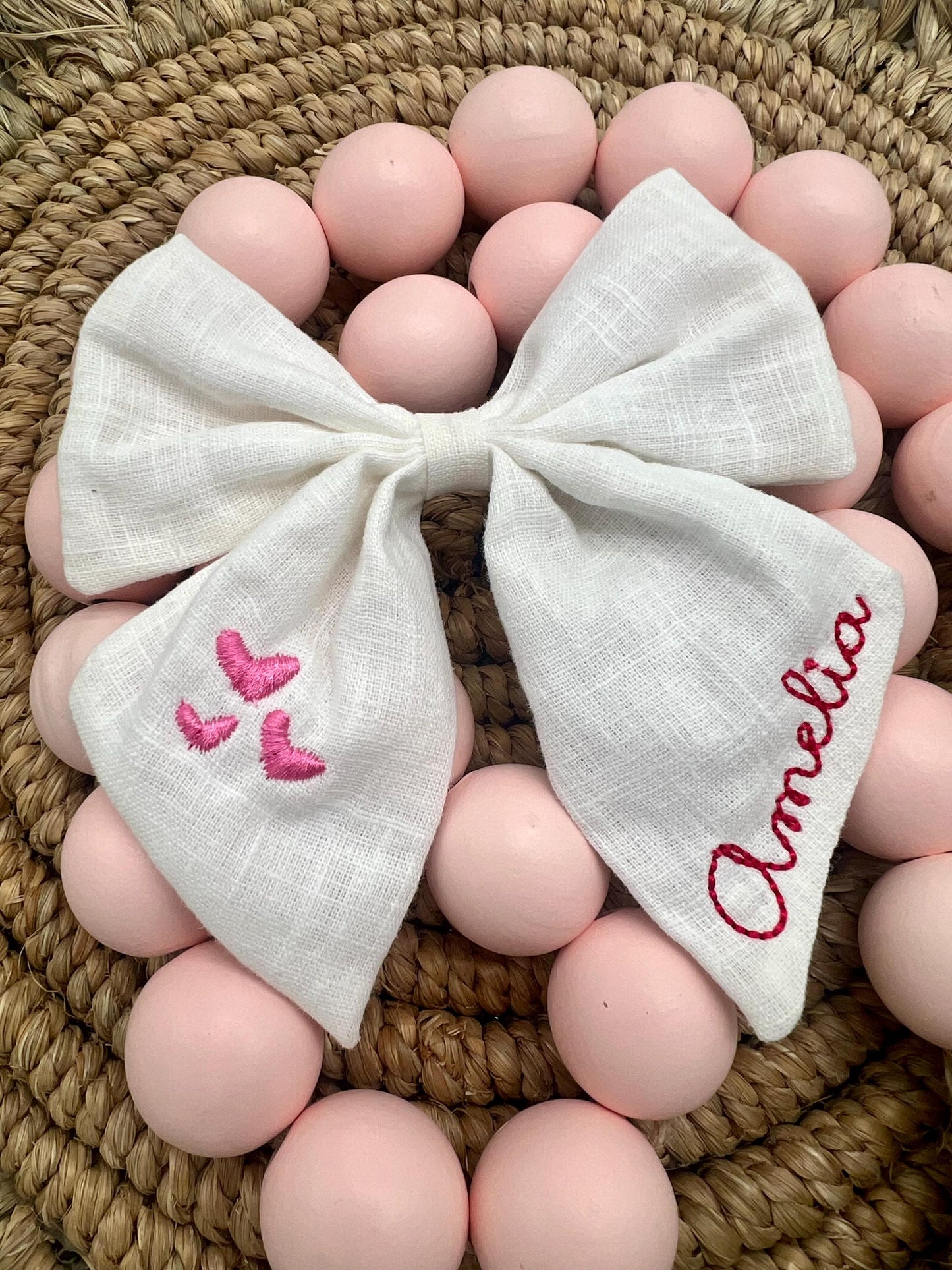 Valentines Bow Personalized Hair Bow with Name Linen Hair Bow Embroidered Valentines Bow Custom Name Personalized Hair Bow with Hearts