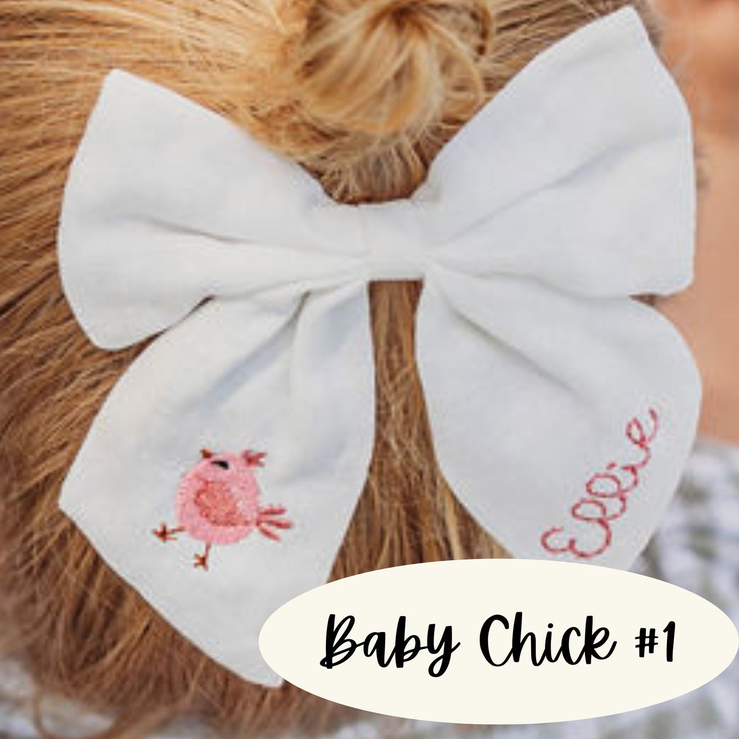 Personalized Linen Hair Bow: Embroidered Baby Chick Bow with Name
