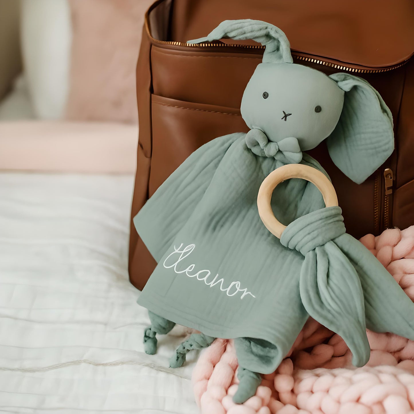 Personalized Lovey for Babies  - Organic Muslin Blanket Bunny Lovey - Custom Baby Lovie - Security Blanket with Name - Embroidered Blanket