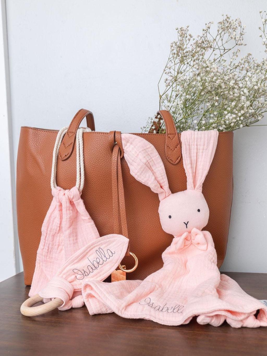 Personalized Lovey for Babies  - Organic Muslin Blanket Bunny Lovey - Custom Baby Lovie - Security Blanket with Name - Embroidered Blanket