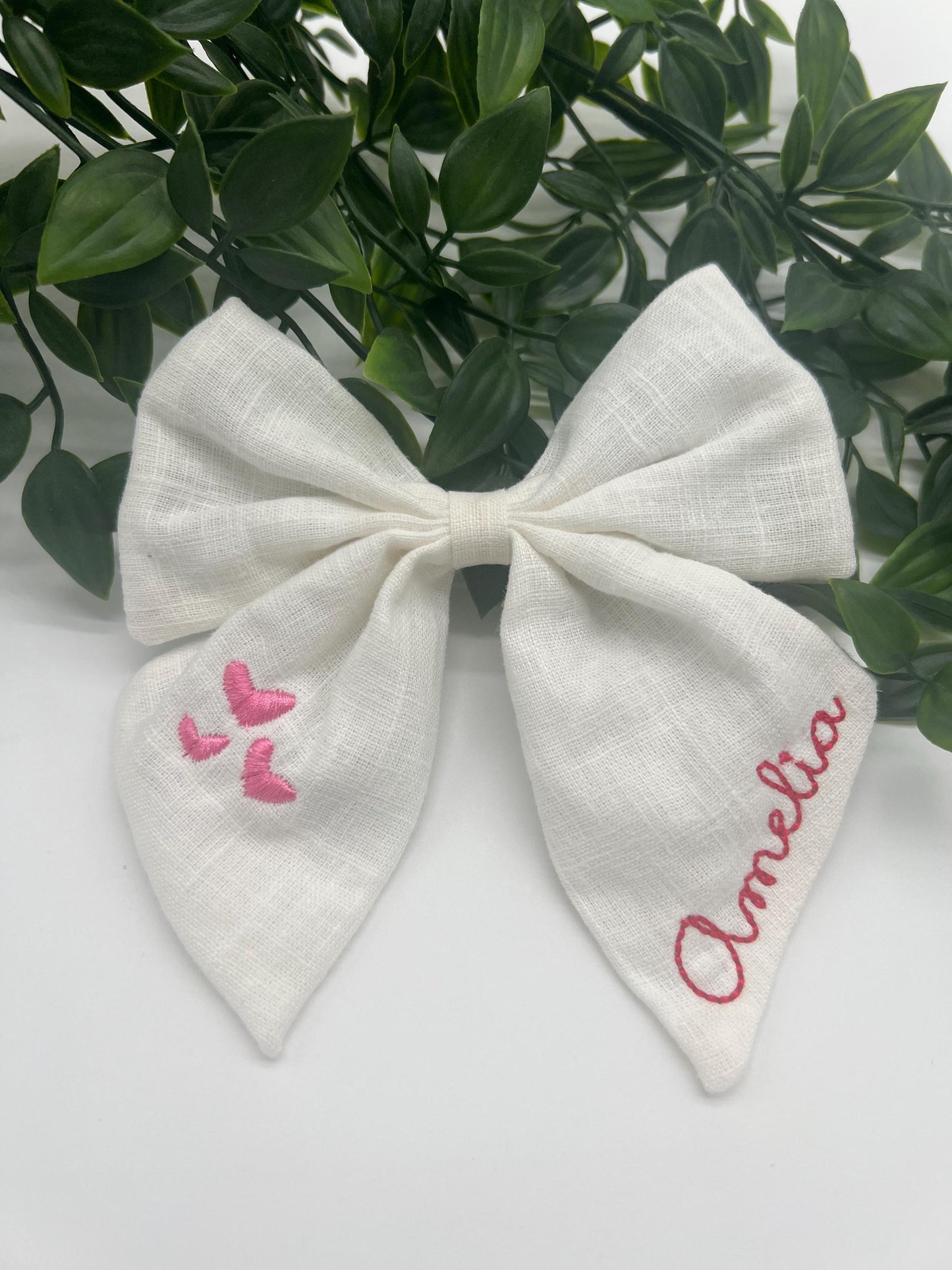 Personalized Hair Bow with Name and Hearts Linen Hair Bow Embroidered Valentines Bow Custom Name Personalized Hair Bow with Hearts